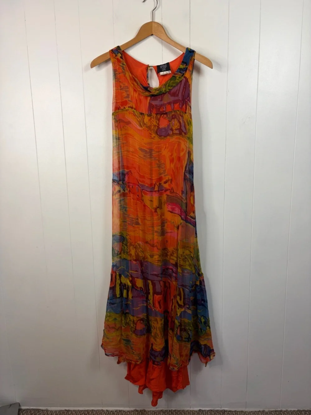 Vintage 90s Grunge Abstract Orange Art Wear Print Mesh Maxi Dress Size Small - Picture 4 of 12